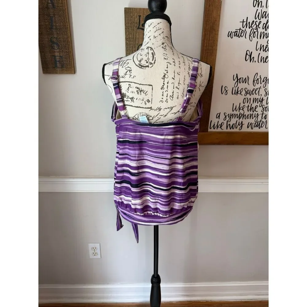 Swim 365 Women's Striped Side Tie Blouson Swim Tankini Top Purple Size 14W